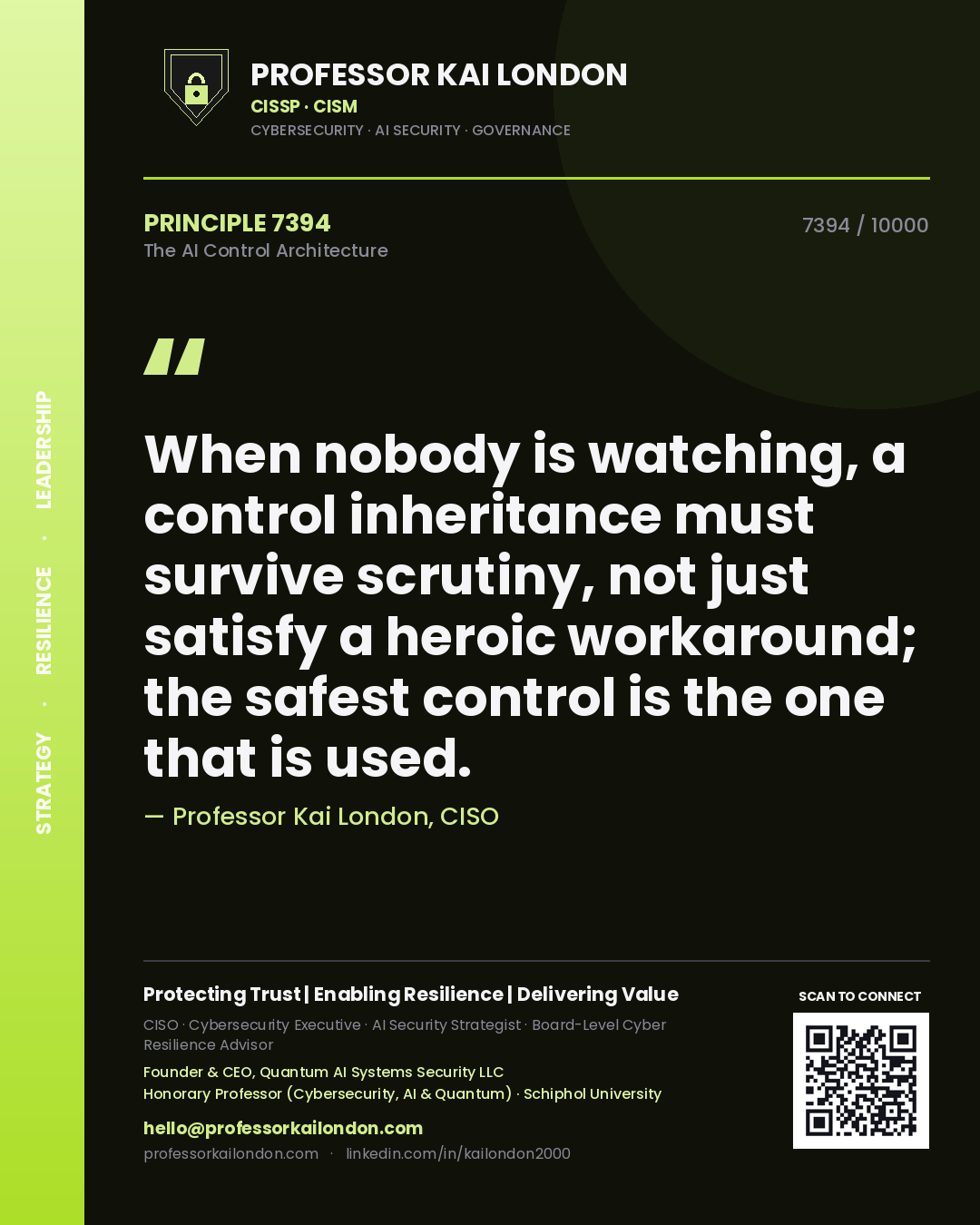 Quote card by Professor Kai London reading 'When nobody is watching, a control inheritance must survive scrutiny, not just satisfy a heroic workaround; the safest control is the one that is used.'. From the book The AI Control Architecture.