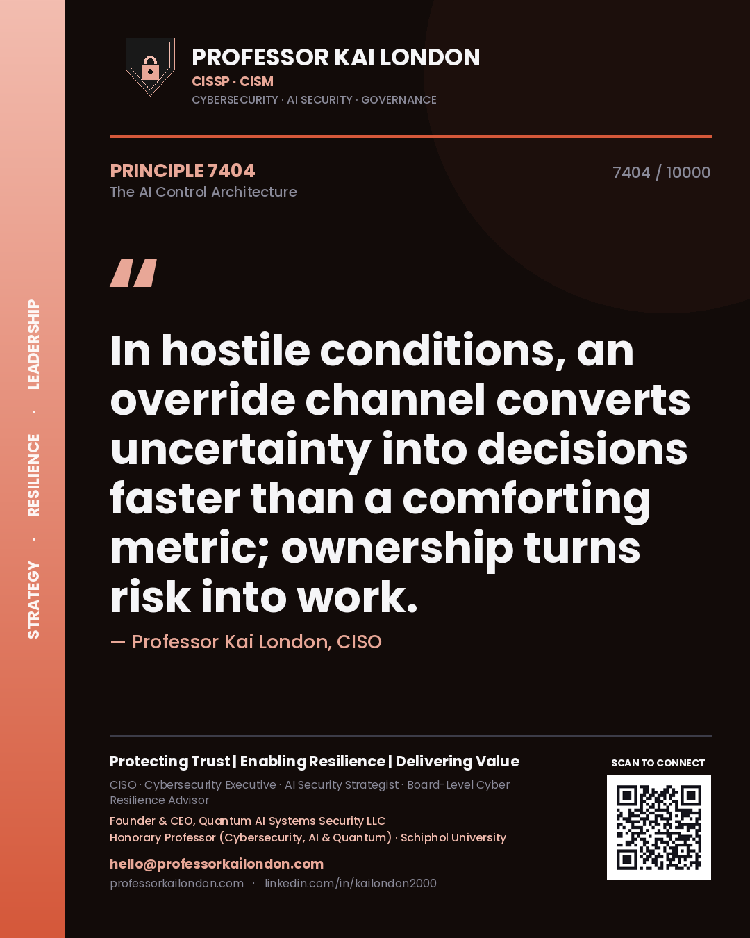 Professor Kai London principle 7404: In hostile conditions, an override channel converts uncertainty into decisions faster than a comforting metric; ownership turns risk into work.