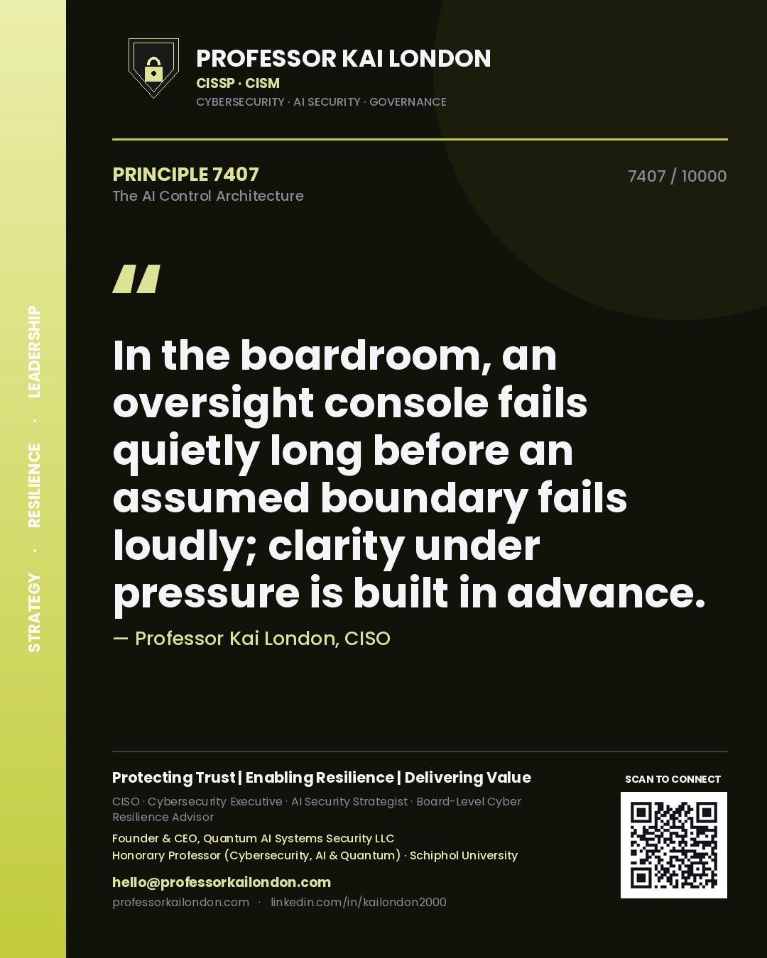 Quote card by Professor Kai London reading 'In the boardroom, an oversight console fails quietly long before an assumed boundary fails loudly; clarity under pressure is built in advance.'. From the book The AI Control Architecture.