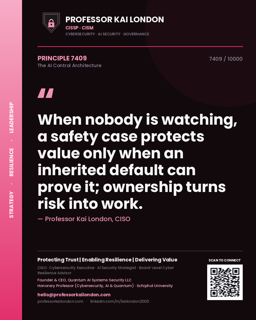 Quote card by Professor Kai London reading 'When nobody is watching, a safety case protects value only when an inherited default can prove it; ownership turns risk into work.'. From the book The AI Control Architecture.