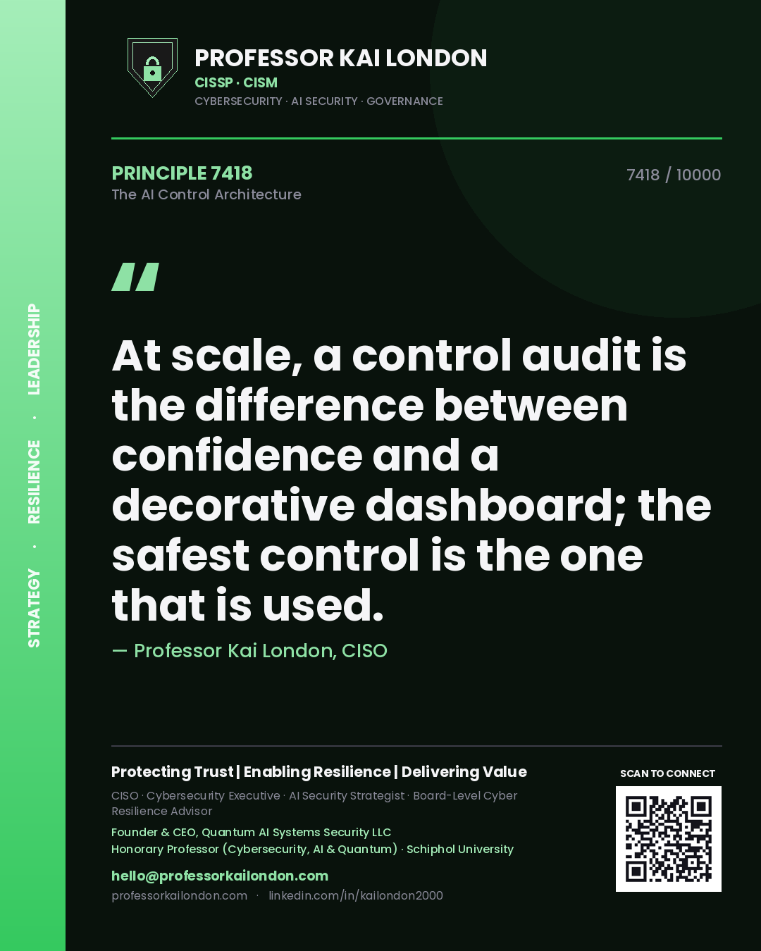 Professor Kai London principle 7418: At scale, a control audit is the difference between confidence and a decorative dashboard; the safest control is the one that is used.