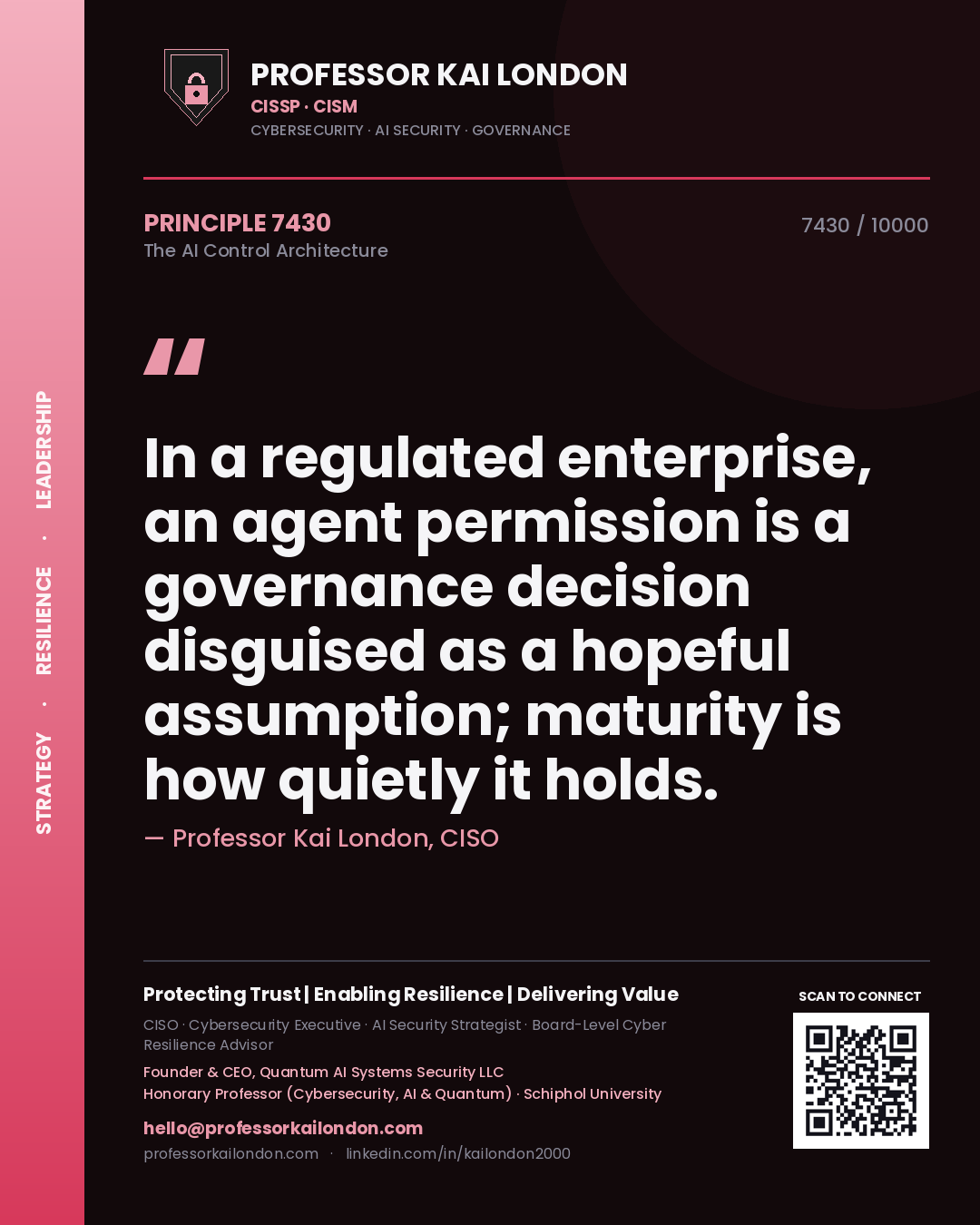 Professor Kai London principle 7430: In a regulated enterprise, an agent permission is a governance decision disguised as a hopeful assumption; maturity is how quietly it holds.