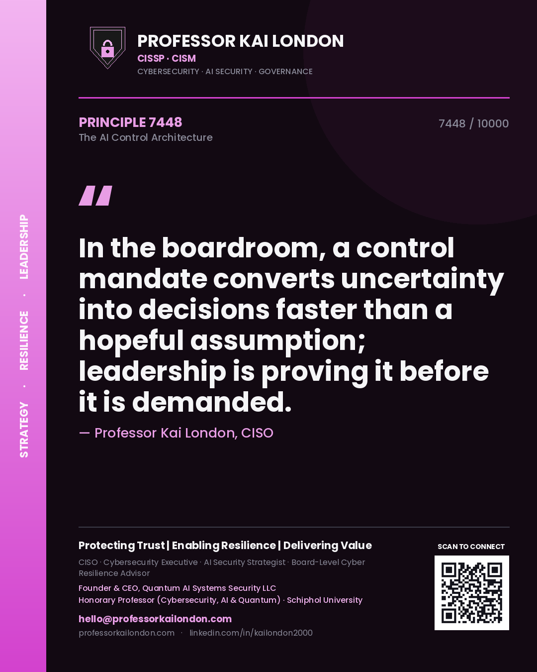Quote card by Professor Kai London reading 'In the boardroom, a control mandate converts uncertainty into decisions faster than a hopeful assumption; leadership is proving it before it is demanded.'. From the book The AI Control Architecture.