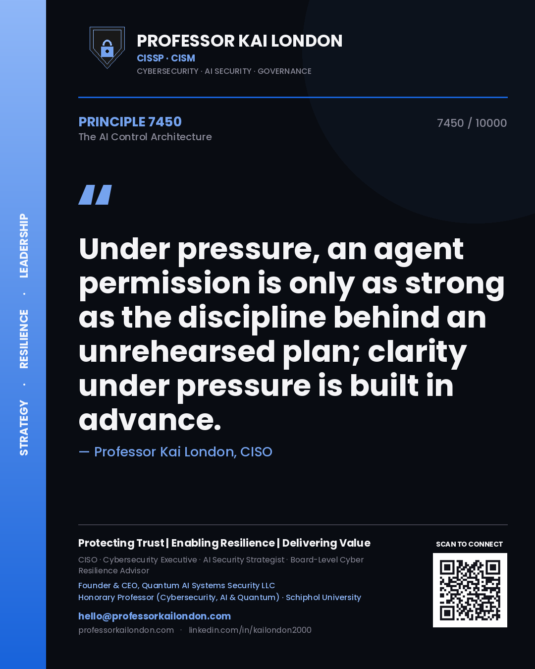 Quote card by Professor Kai London reading 'Under pressure, an agent permission is only as strong as the discipline behind an unrehearsed plan; clarity under pressure is built in advance.'. From the book The AI Control Architecture.