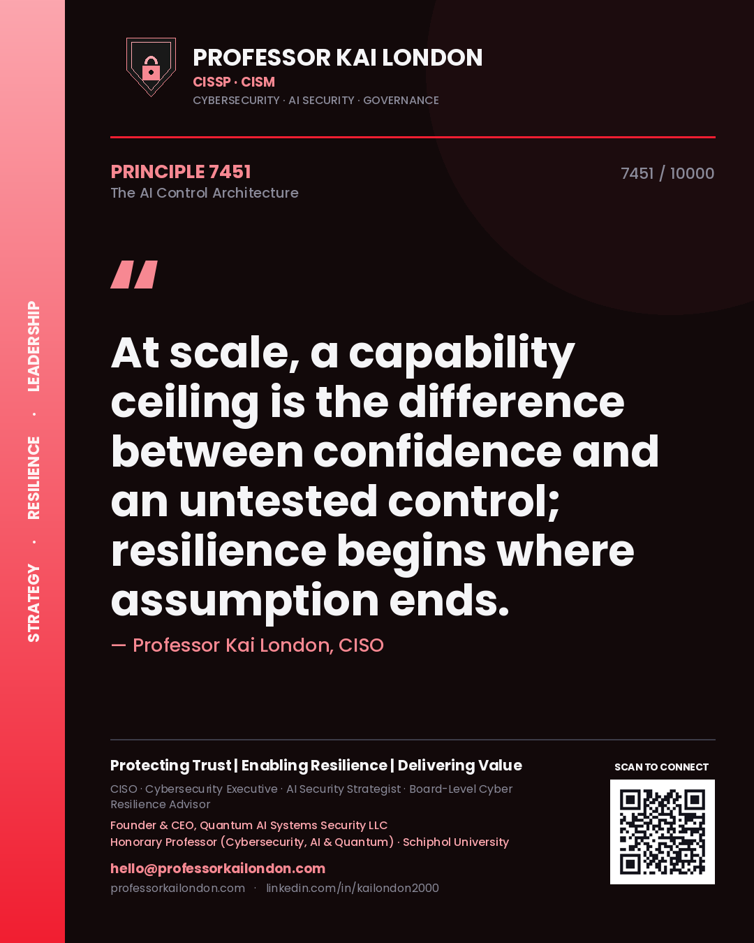 Quote card by Professor Kai London reading 'At scale, a capability ceiling is the difference between confidence and an untested control; resilience begins where assumption ends.'. From the book The AI Control Architecture.
