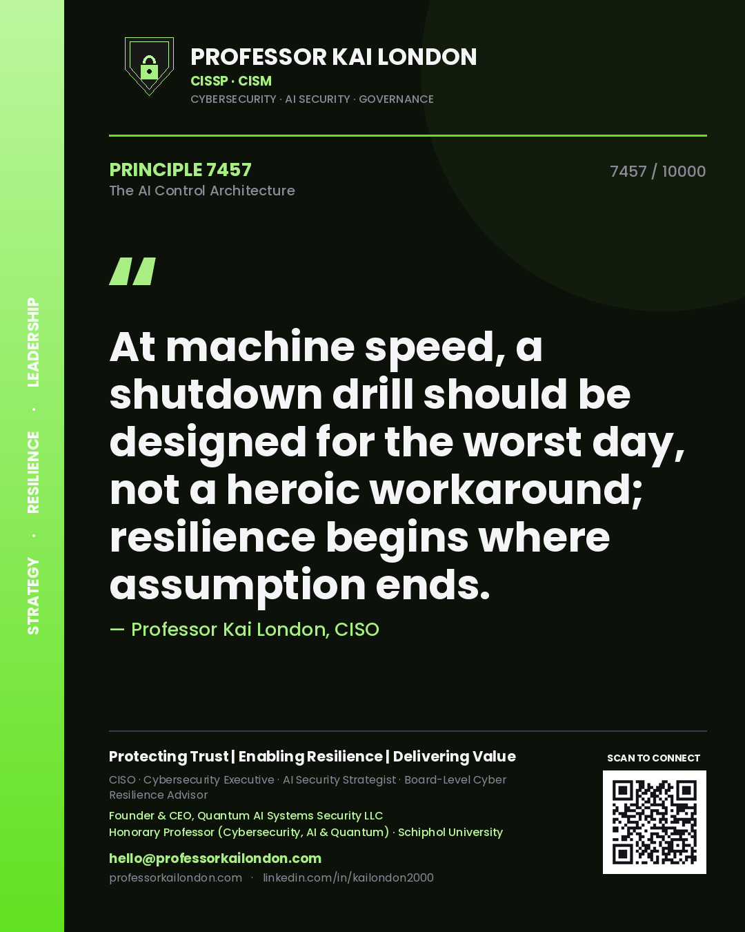 Professor Kai London principle 7457: At machine speed, a shutdown drill should be designed for the worst day, not a heroic workaround; resilience begins where assumption ends.