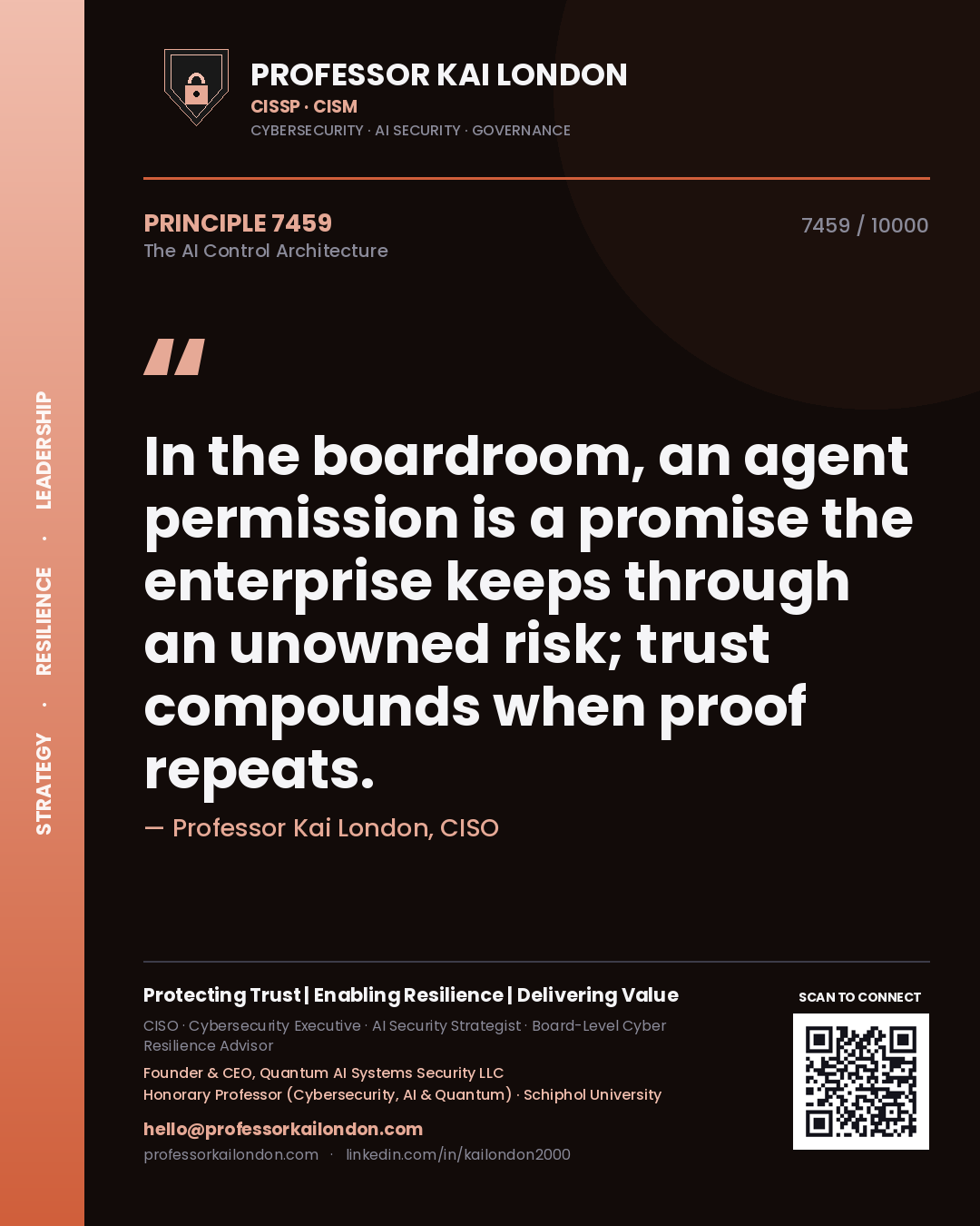 Professor Kai London principle 7459: In the boardroom, an agent permission is a promise the enterprise keeps through an unowned risk; trust compounds when proof repeats.