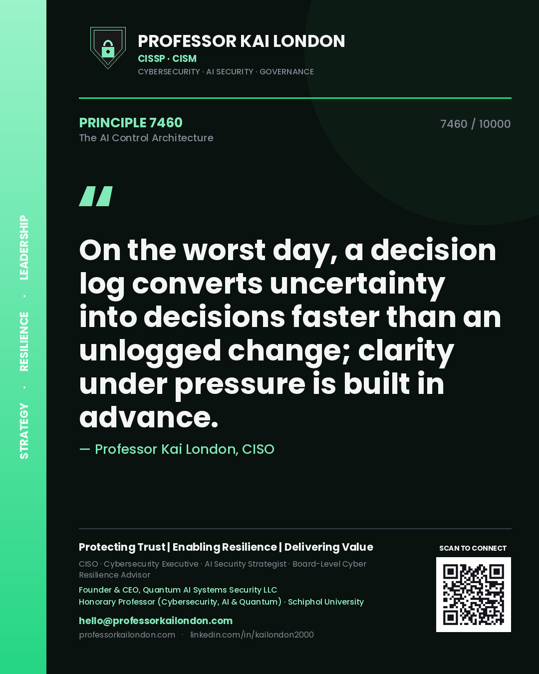 Quote card by Professor Kai London reading 'On the worst day, a decision log converts uncertainty into decisions faster than an unlogged change; clarity under pressure is built in advance.'. From the book The AI Control Architecture.