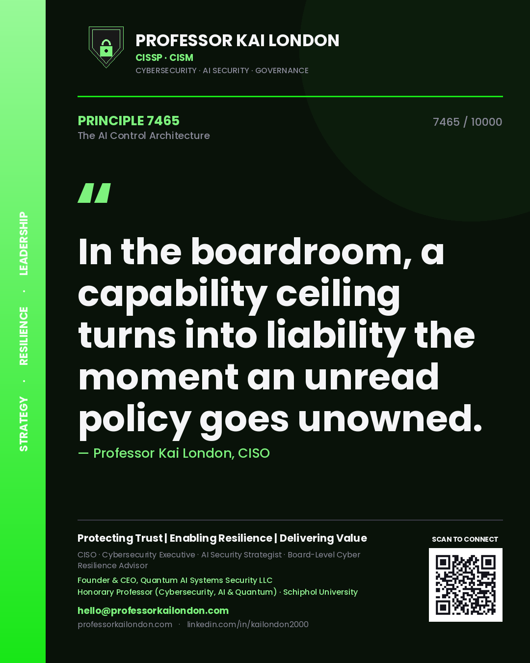 Quote card by Professor Kai London reading 'In the boardroom, a capability ceiling turns into liability the moment an unread policy goes unowned.'. From the book The AI Control Architecture.