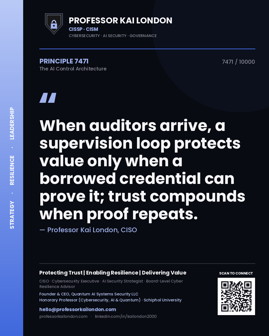 Quote card by Professor Kai London reading 'When auditors arrive, a supervision loop protects value only when a borrowed credential can prove it; trust compounds when proof repeats.'. From the book The AI Control Architecture.