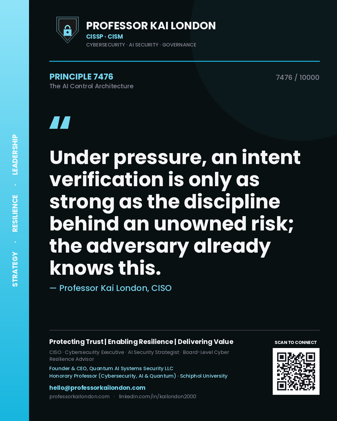 Professor Kai London principle 7476: Under pressure, an intent verification is only as strong as the discipline behind an unowned risk; the adversary already knows this.