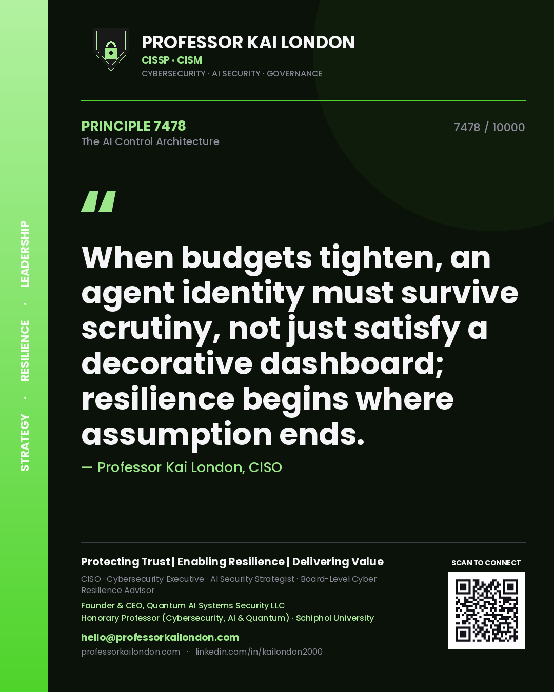 Quote card by Professor Kai London reading 'When budgets tighten, an agent identity must survive scrutiny, not just satisfy a decorative dashboard; resilience begins where assumption ends.'. From the book The AI Control Architecture.