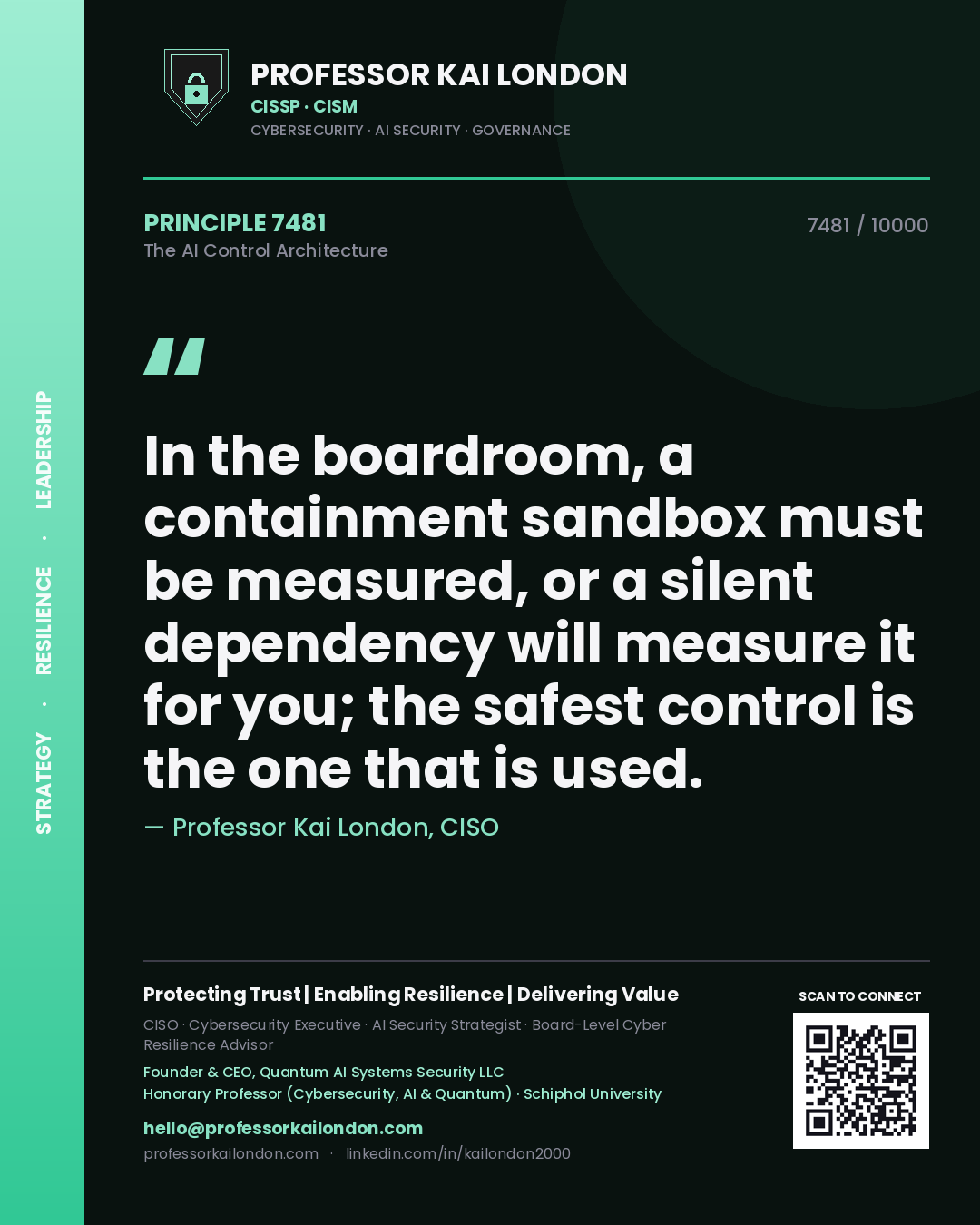 Quote card by Professor Kai London reading 'In the boardroom, a containment sandbox must be measured, or a silent dependency will measure it for you; the safest control is the one that is used.'. From the book The AI Control Architecture.