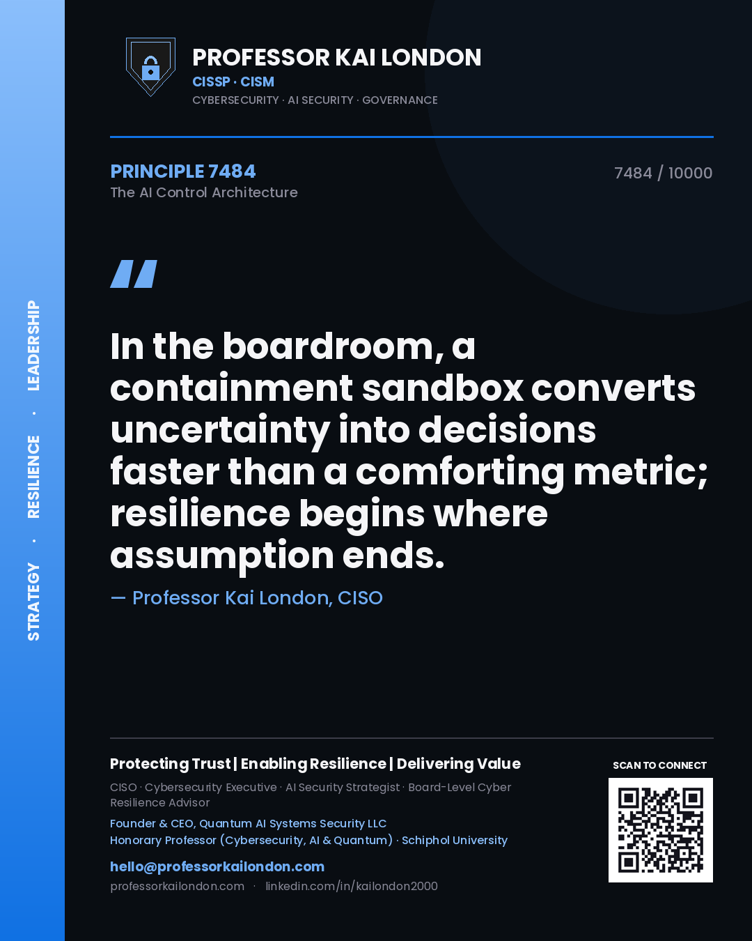 Quote card by Professor Kai London reading 'In the boardroom, a containment sandbox converts uncertainty into decisions faster than a comforting metric; resilience begins where assumption ends.'. From the book The AI Control Architecture.