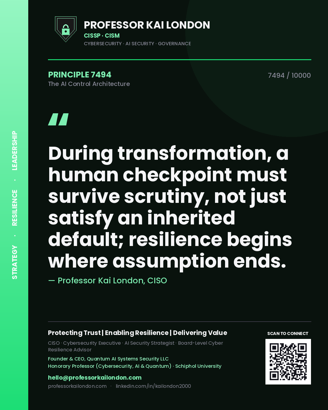 Quote card by Professor Kai London reading 'During transformation, a human checkpoint must survive scrutiny, not just satisfy an inherited default; resilience begins where assumption ends.'. From the book The AI Control Architecture.