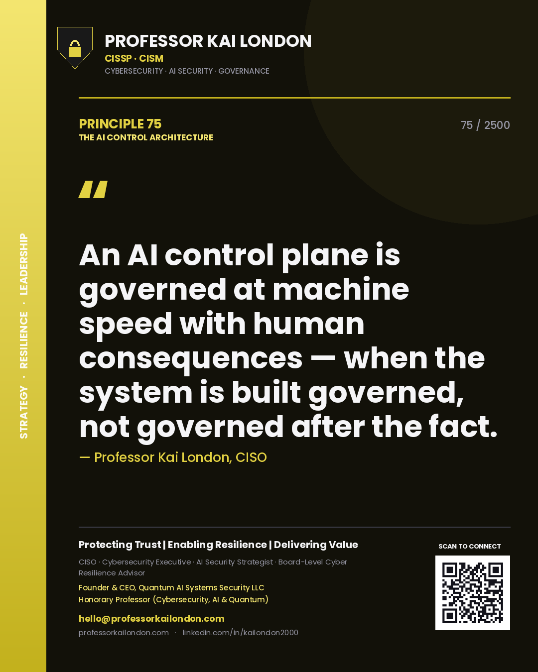 Quote card by Professor Kai London reading 'An AI control plane is governed at machine speed with human consequences — when the system is built governed, not governed after the fact.'. From the book The AI Control Architecture.