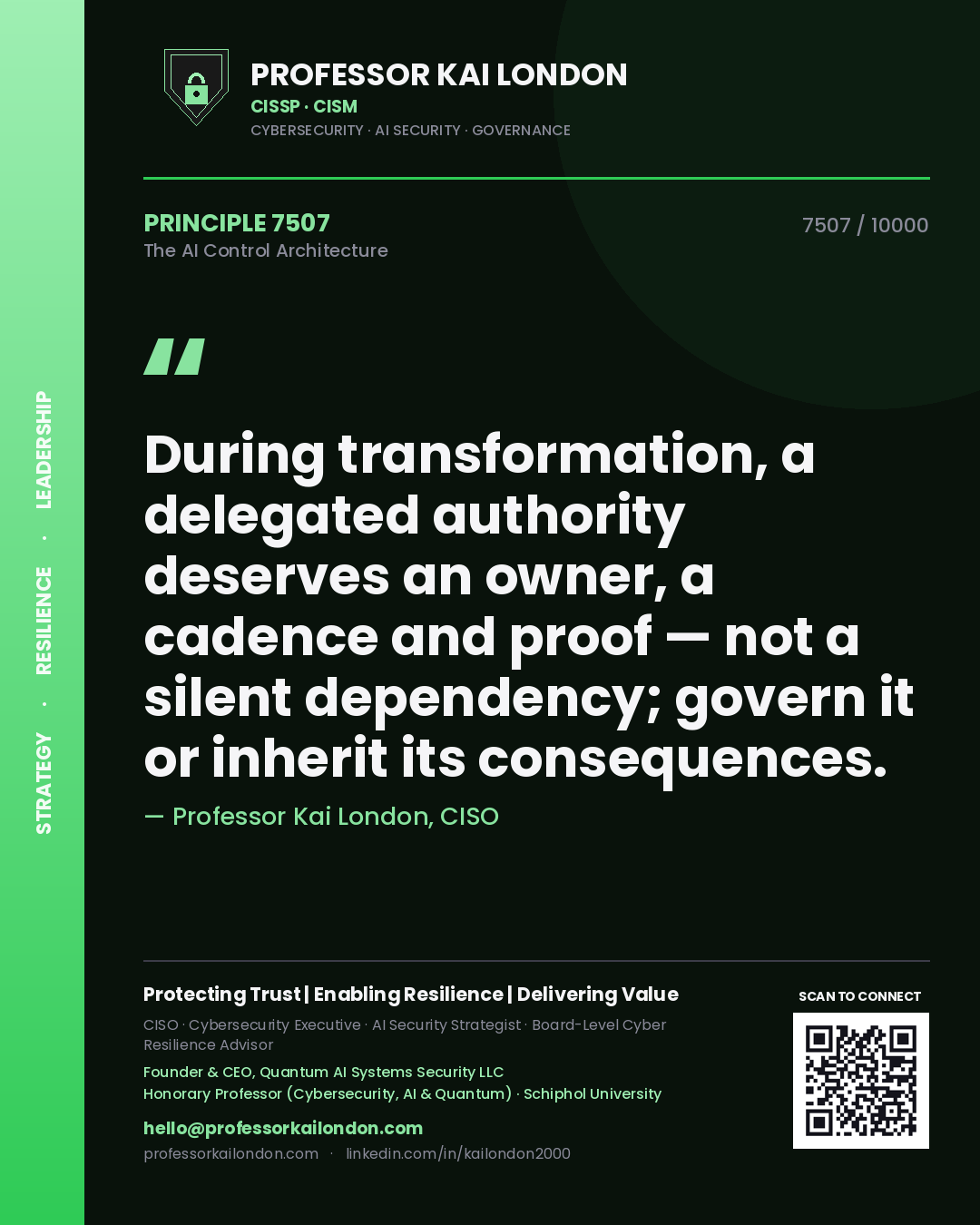 Quote card by Professor Kai London reading 'During transformation, a delegated authority deserves an owner, a cadence and proof — not a silent dependency; govern it or inherit its consequences.'. From the book The AI Control Architecture.