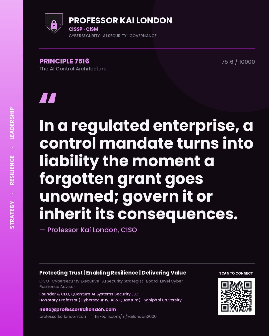 Professor Kai London principle 7516: In a regulated enterprise, a control mandate turns into liability the moment a forgotten grant goes unowned; govern it or inherit its consequences.