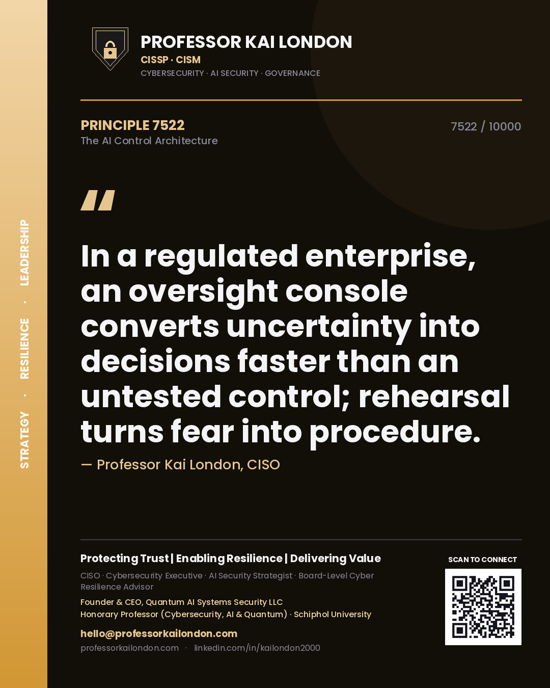Quote card by Professor Kai London reading 'In a regulated enterprise, an oversight console converts uncertainty into decisions faster than an untested control; rehearsal turns fear into procedure.'. From the book The AI Control Architecture.