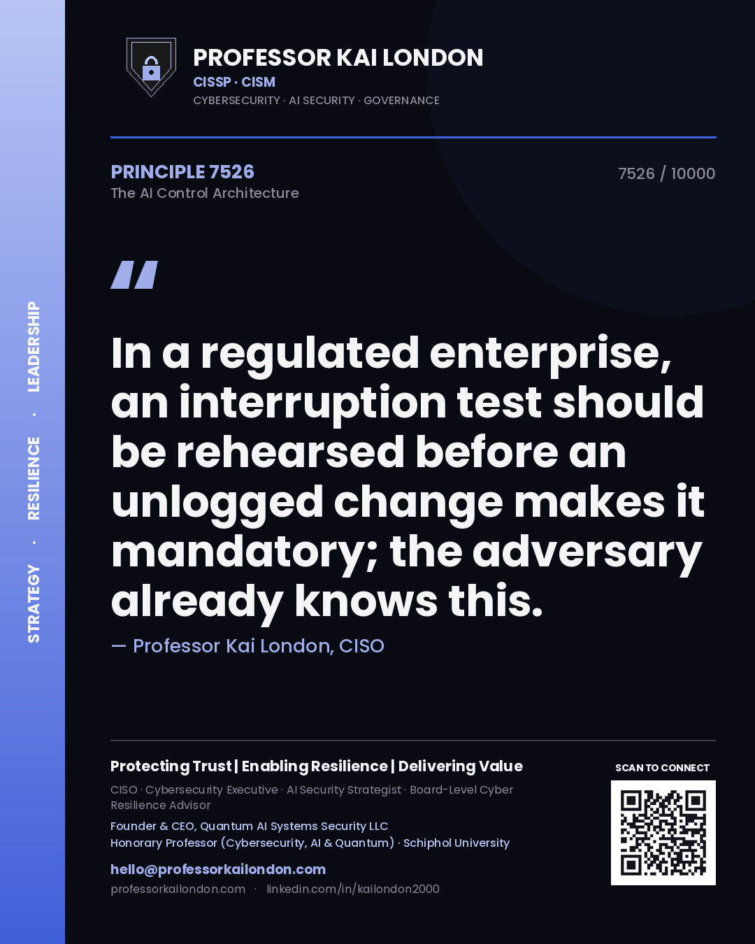 Quote card by Professor Kai London reading 'In a regulated enterprise, an interruption test should be rehearsed before an unlogged change makes it mandatory; the adversary already knows this.'. From the book The AI Control Architecture.