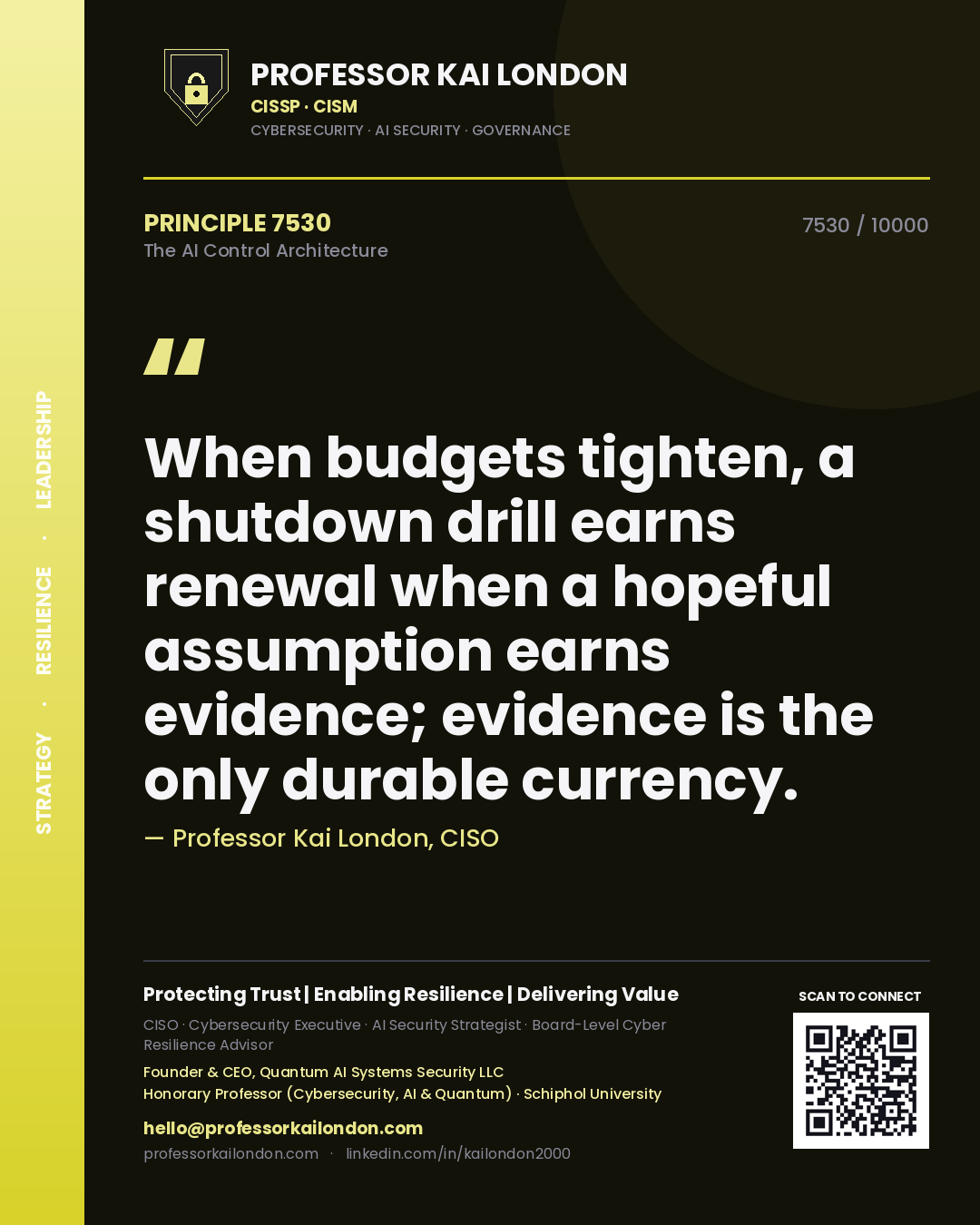Quote card by Professor Kai London reading 'When budgets tighten, a shutdown drill earns renewal when a hopeful assumption earns evidence; evidence is the only durable currency.'. From the book The AI Control Architecture.