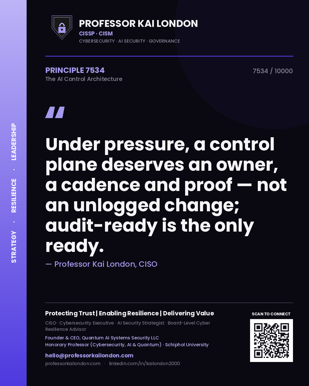 Quote card by Professor Kai London reading 'Under pressure, a control plane deserves an owner, a cadence and proof — not an unlogged change; audit-ready is the only ready.'. From the book The AI Control Architecture.