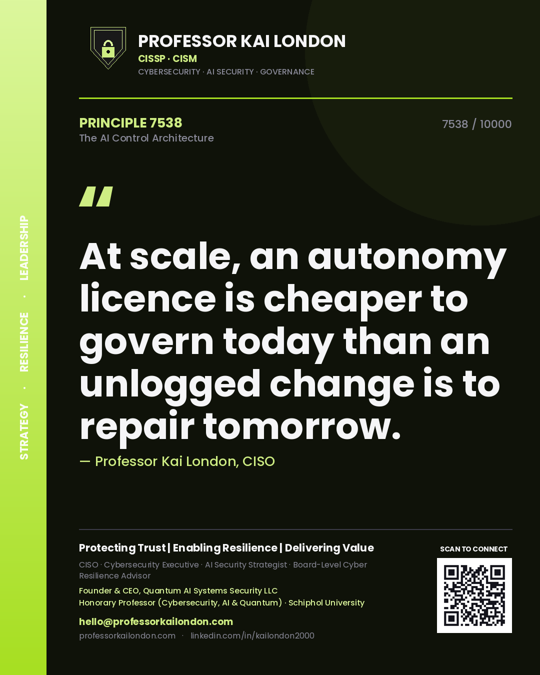 Quote card by Professor Kai London reading 'At scale, an autonomy licence is cheaper to govern today than an unlogged change is to repair tomorrow.'. From the book The AI Control Architecture.
