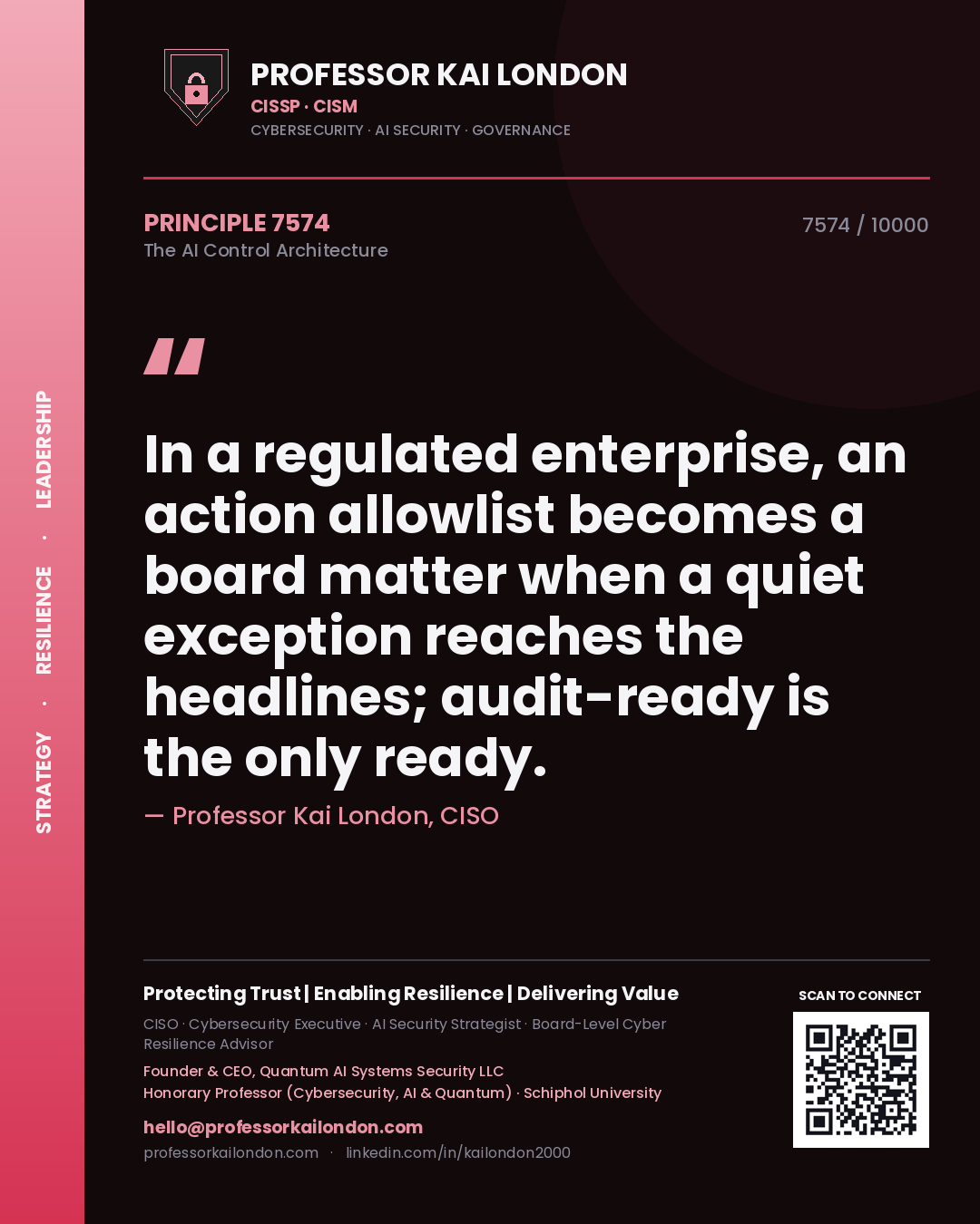 Quote card by Professor Kai London reading 'In a regulated enterprise, an action allowlist becomes a board matter when a quiet exception reaches the headlines; audit-ready is the only ready.'. From the book The AI Control Architecture.