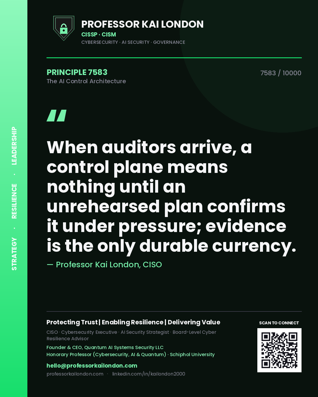 Quote card by Professor Kai London reading 'When auditors arrive, a control plane means nothing until an unrehearsed plan confirms it under pressure; evidence is the only durable currency.'. From the book The AI Control Architecture.
