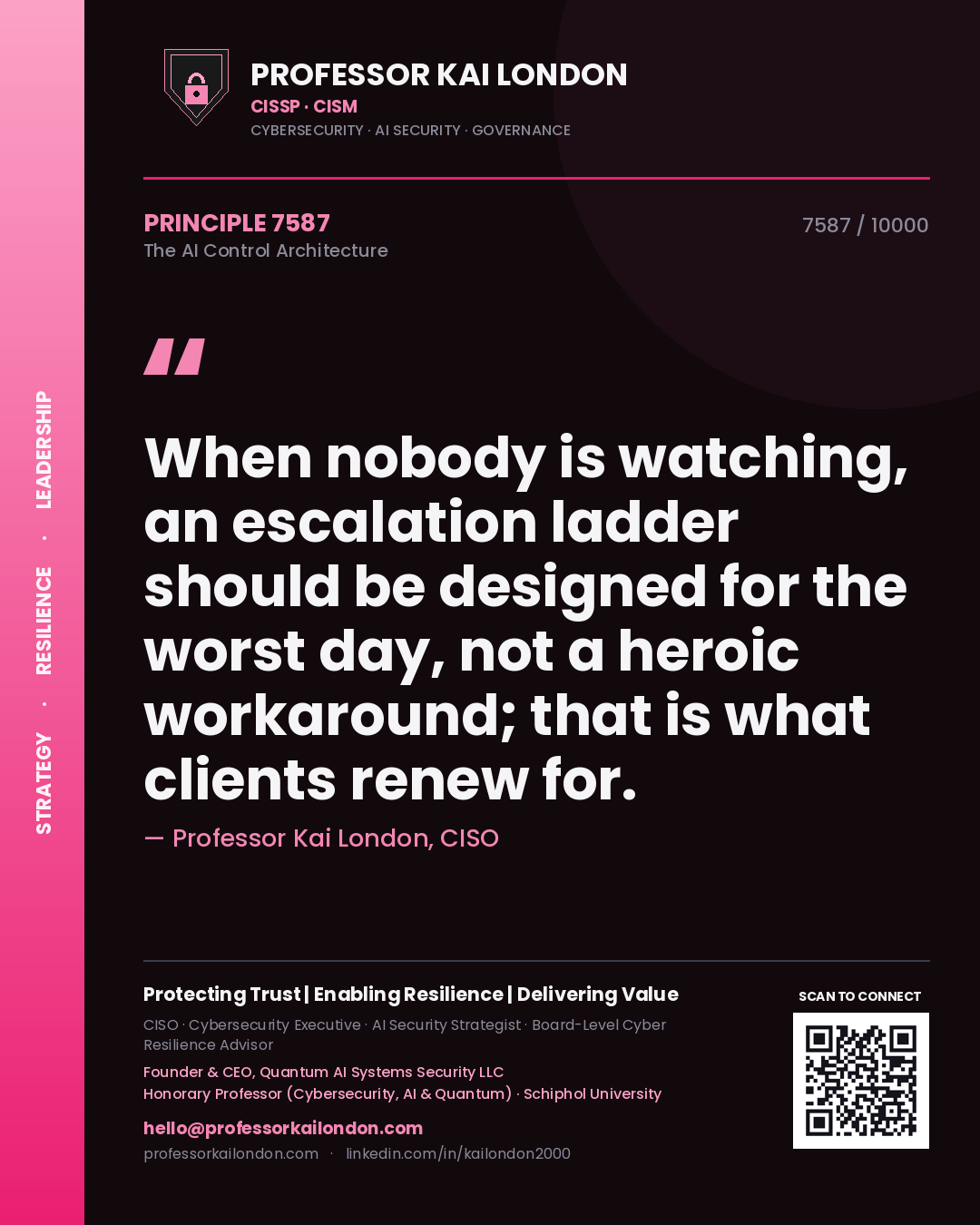 Quote card by Professor Kai London reading 'When nobody is watching, an escalation ladder should be designed for the worst day, not a heroic workaround; that is what clients renew for.'. From the book The AI Control Architecture.