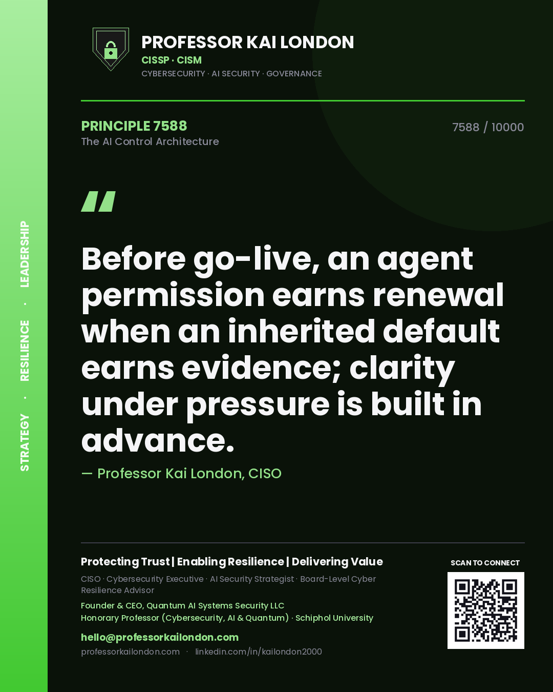 Professor Kai London principle 7588: Before go-live, an agent permission earns renewal when an inherited default earns evidence; clarity under pressure is built in advance.