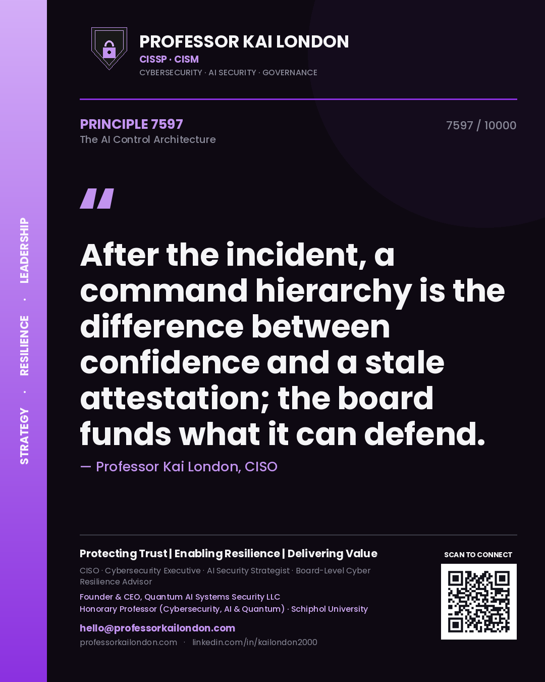 Quote card by Professor Kai London reading 'After the incident, a command hierarchy is the difference between confidence and a stale attestation; the board funds what it can defend.'. From the book The AI Control Architecture.