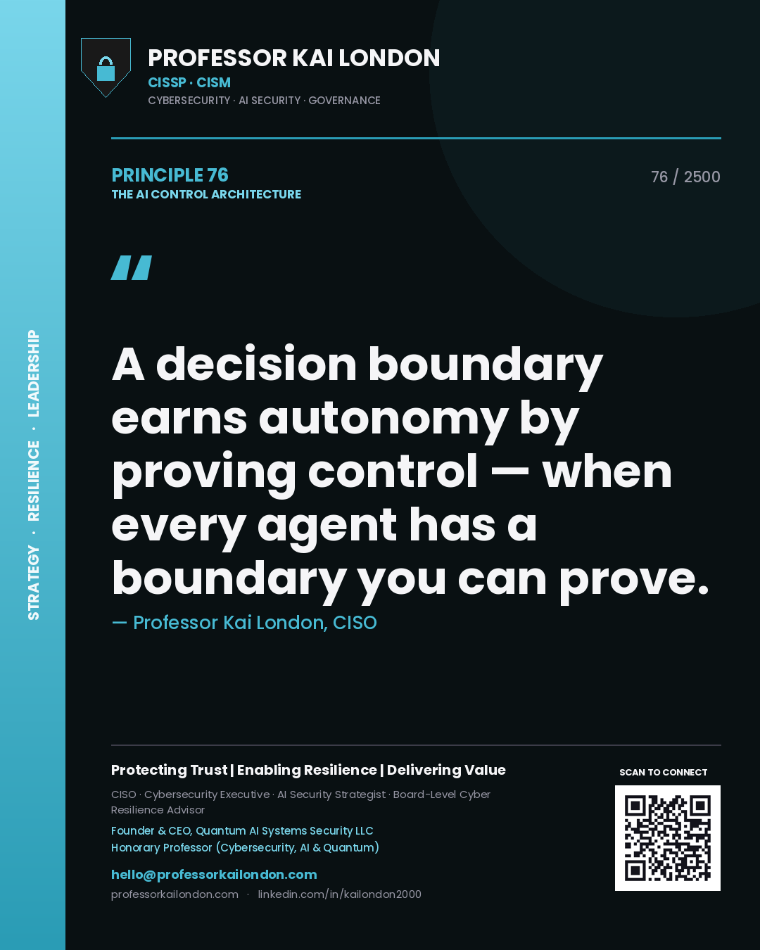 Quote card by Professor Kai London reading 'A decision boundary earns autonomy by proving control — when every agent has a boundary you can prove.'. From the book The AI Control Architecture.