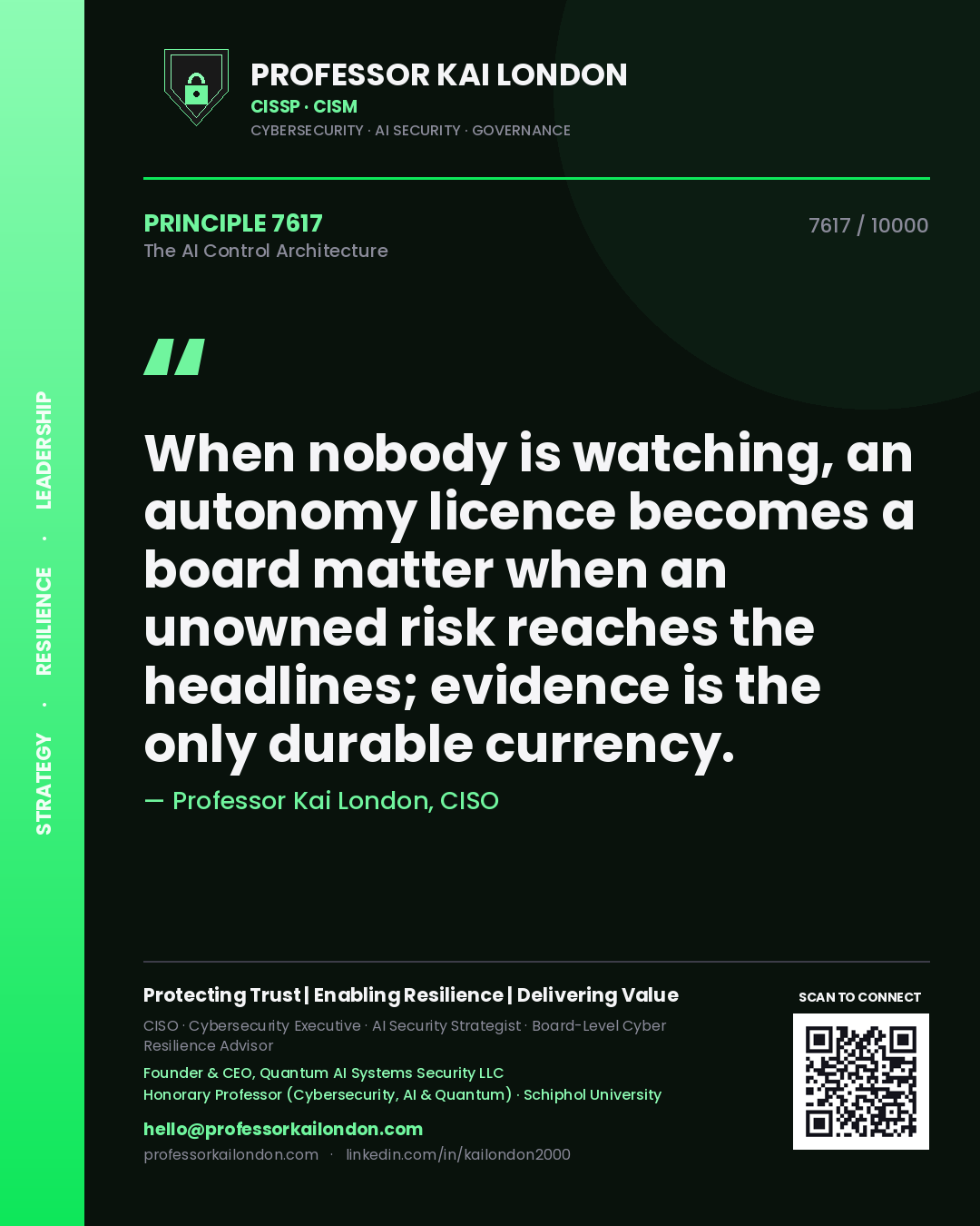 Quote card by Professor Kai London reading 'When nobody is watching, an autonomy licence becomes a board matter when an unowned risk reaches the headlines; evidence is the only durable currency.'. From the book The AI Control Architecture.