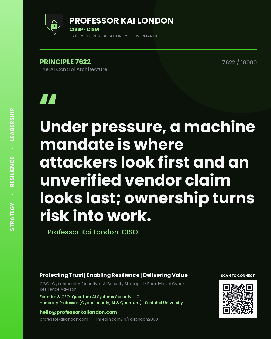 Professor Kai London principle 7622: Under pressure, a machine mandate is where attackers look first and an unverified vendor claim looks last; ownership turns risk into work.