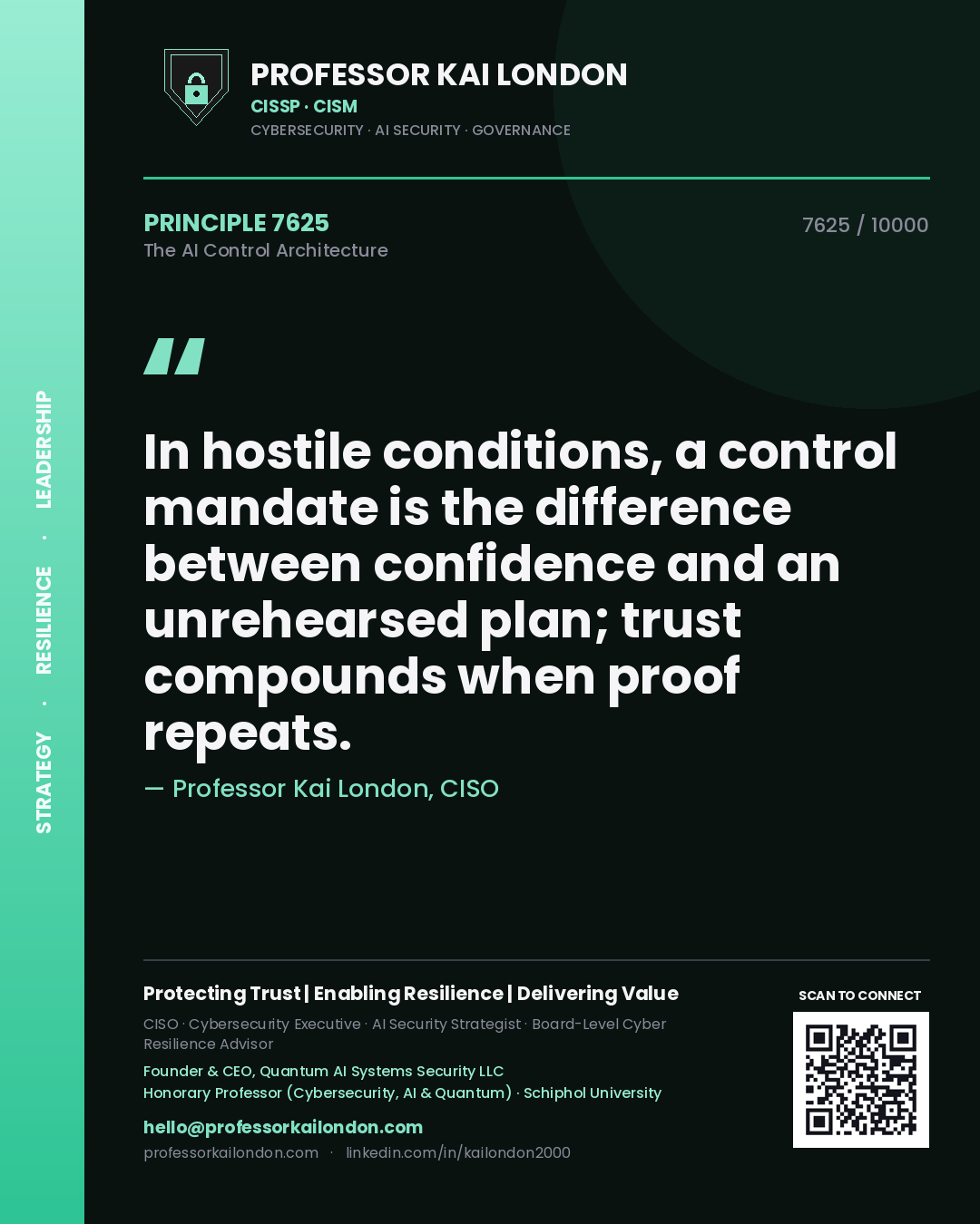 Quote card by Professor Kai London reading 'In hostile conditions, a control mandate is the difference between confidence and an unrehearsed plan; trust compounds when proof repeats.'. From the book The AI Control Architecture.