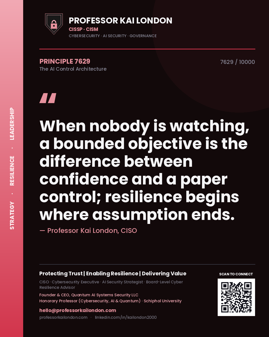 Quote card by Professor Kai London reading 'When nobody is watching, a bounded objective is the difference between confidence and a paper control; resilience begins where assumption ends.'. From the book The AI Control Architecture.