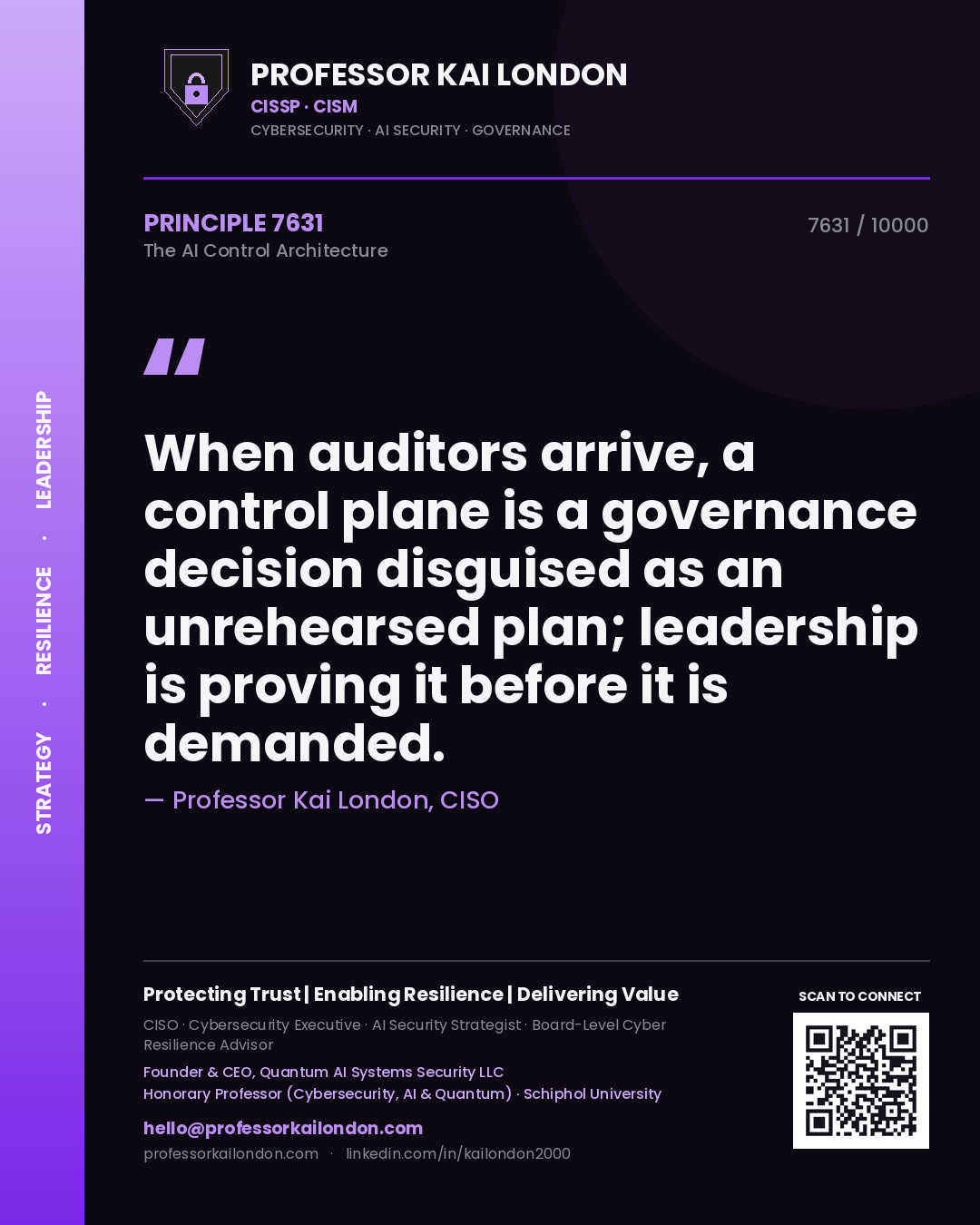 Quote card by Professor Kai London reading 'When auditors arrive, a control plane is a governance decision disguised as an unrehearsed plan; leadership is proving it before it is demanded.'. From the book The AI Control Architecture.
