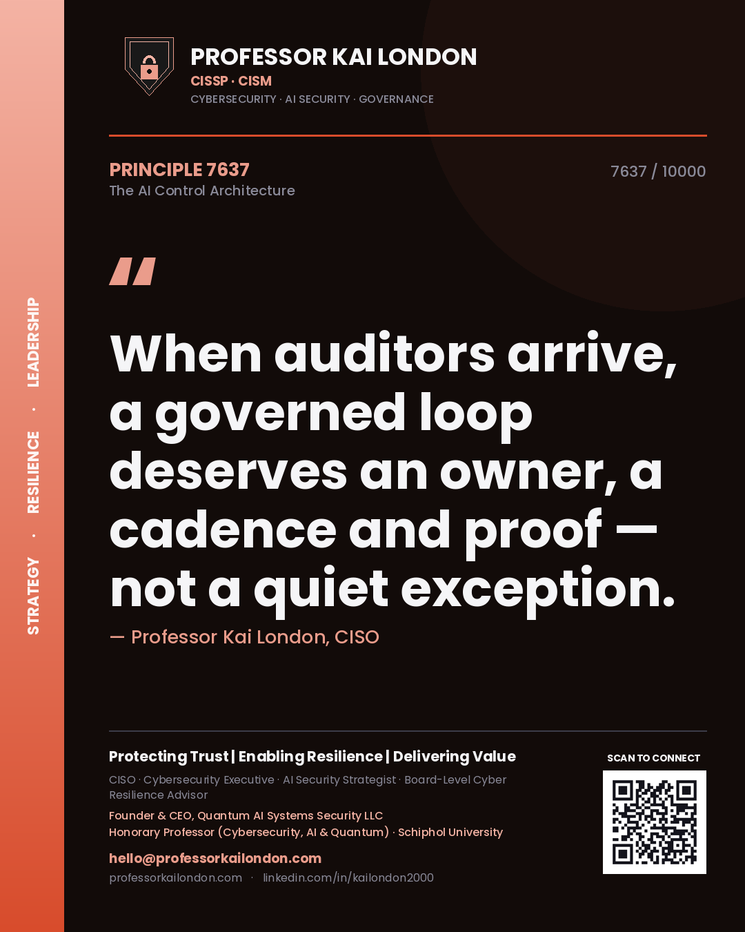 Quote card by Professor Kai London reading 'When auditors arrive, a governed loop deserves an owner, a cadence and proof — not a quiet exception.'. From the book The AI Control Architecture.