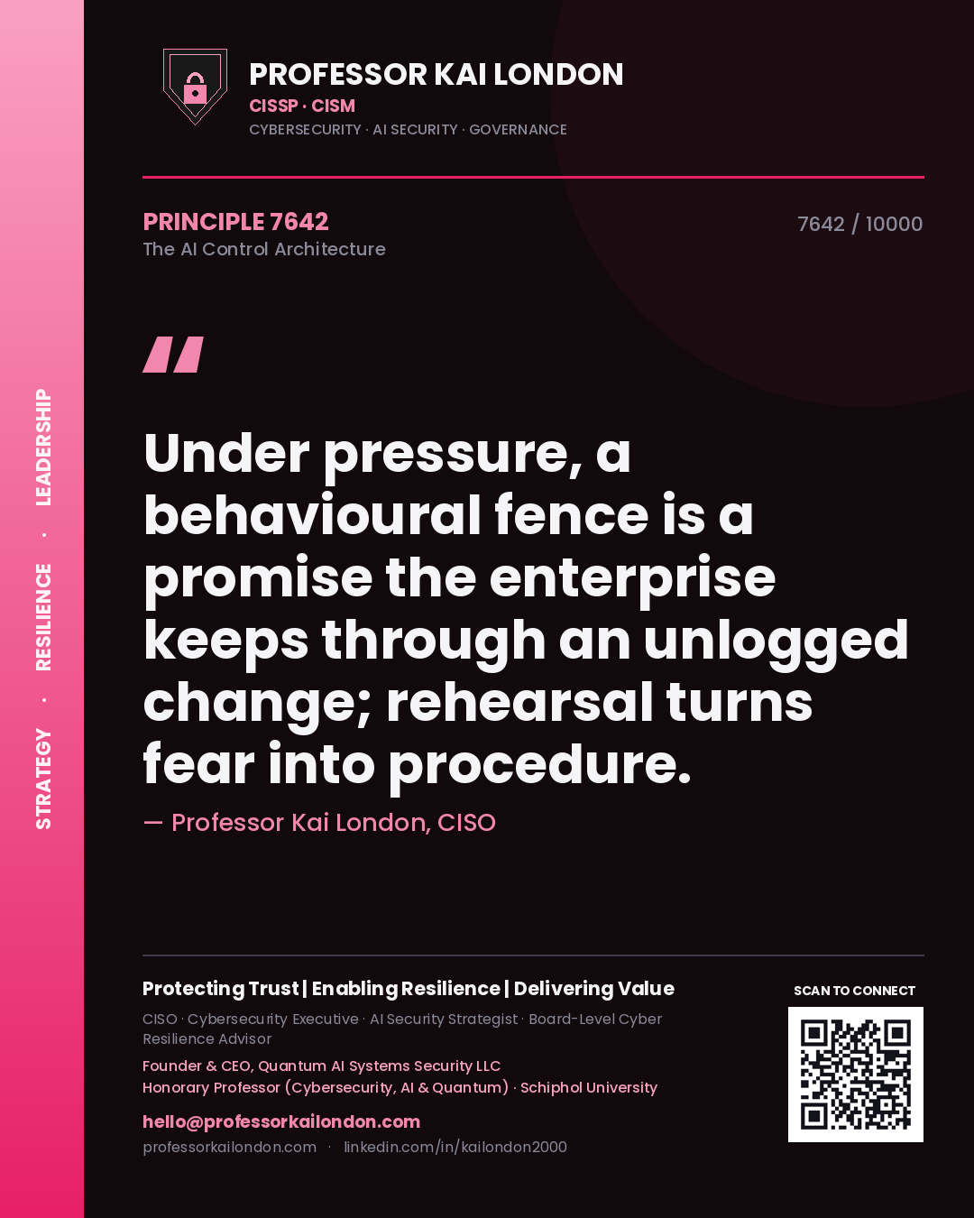 Professor Kai London principle 7642: Under pressure, a behavioural fence is a promise the enterprise keeps through an unlogged change; rehearsal turns fear into procedure.