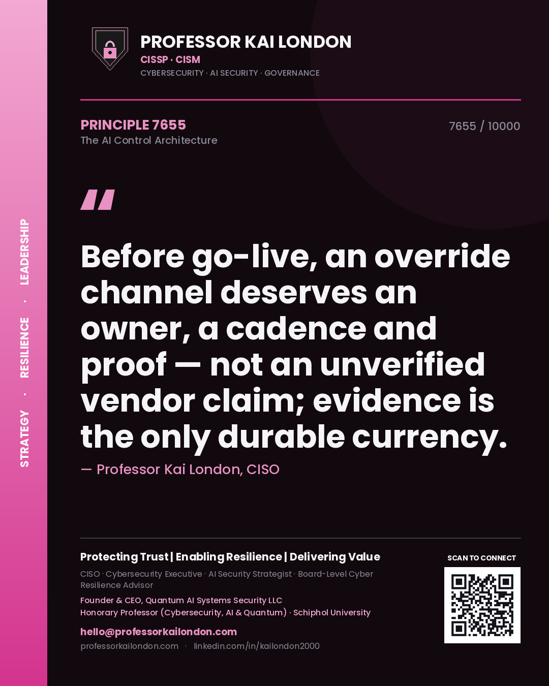 Quote card by Professor Kai London reading 'Before go-live, an override channel deserves an owner, a cadence and proof — not an unverified vendor claim; evidence is the only durable currency.'. From the book The AI Control Architecture.
