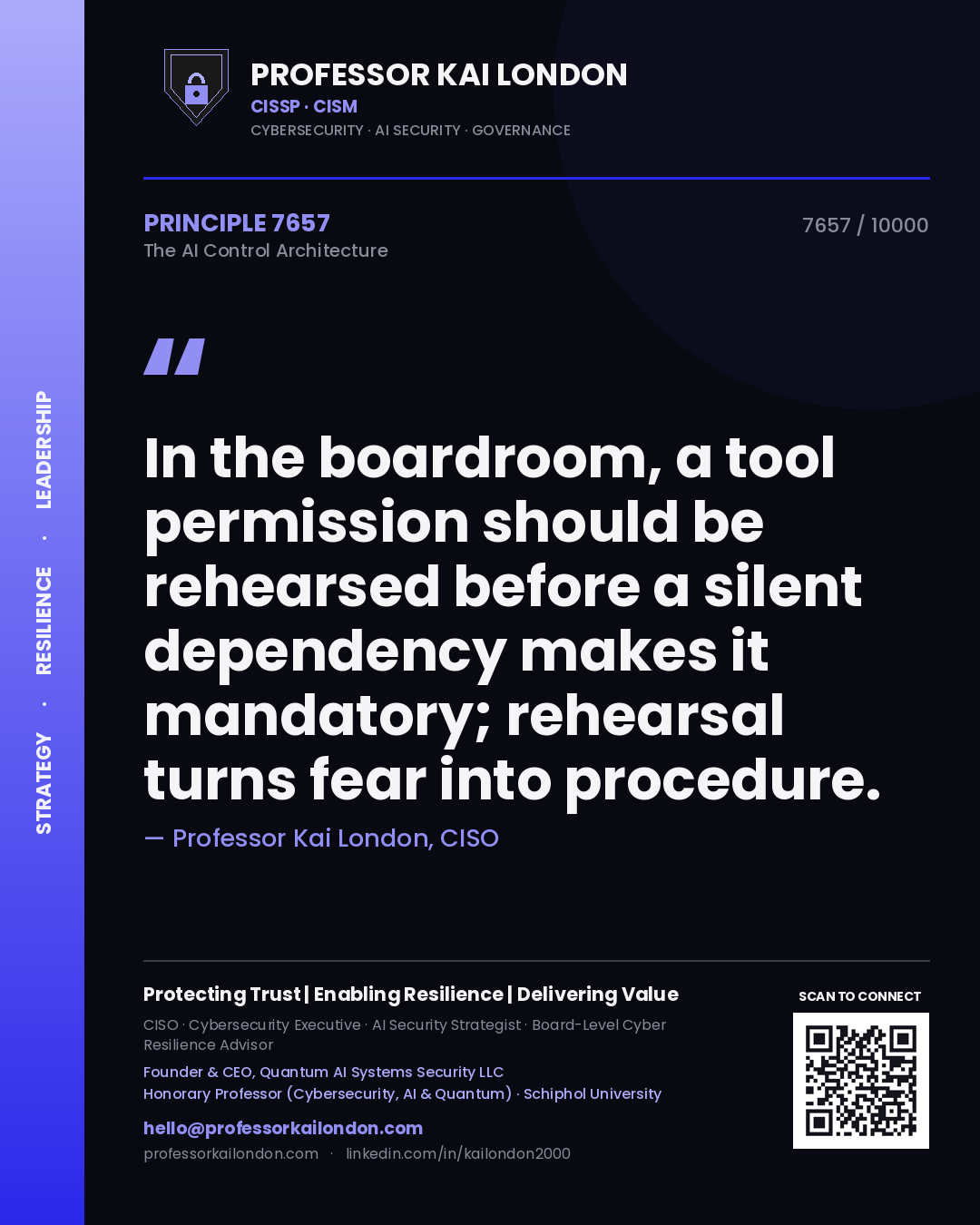 Quote card by Professor Kai London reading 'In the boardroom, a tool permission should be rehearsed before a silent dependency makes it mandatory; rehearsal turns fear into procedure.'. From the book The AI Control Architecture.