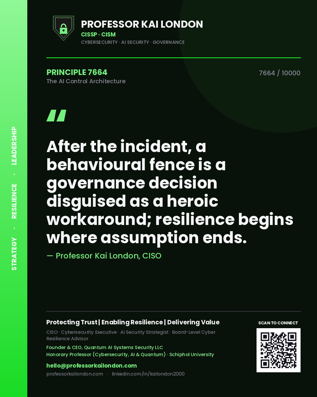 Quote card by Professor Kai London reading 'After the incident, a behavioural fence is a governance decision disguised as a heroic workaround; resilience begins where assumption ends.'. From the book The AI Control Architecture.