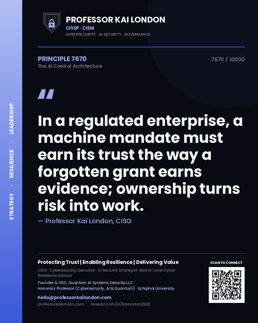 Quote card by Professor Kai London reading 'In a regulated enterprise, a machine mandate must earn its trust the way a forgotten grant earns evidence; ownership turns risk into work.'. From the book The AI Control Architecture.