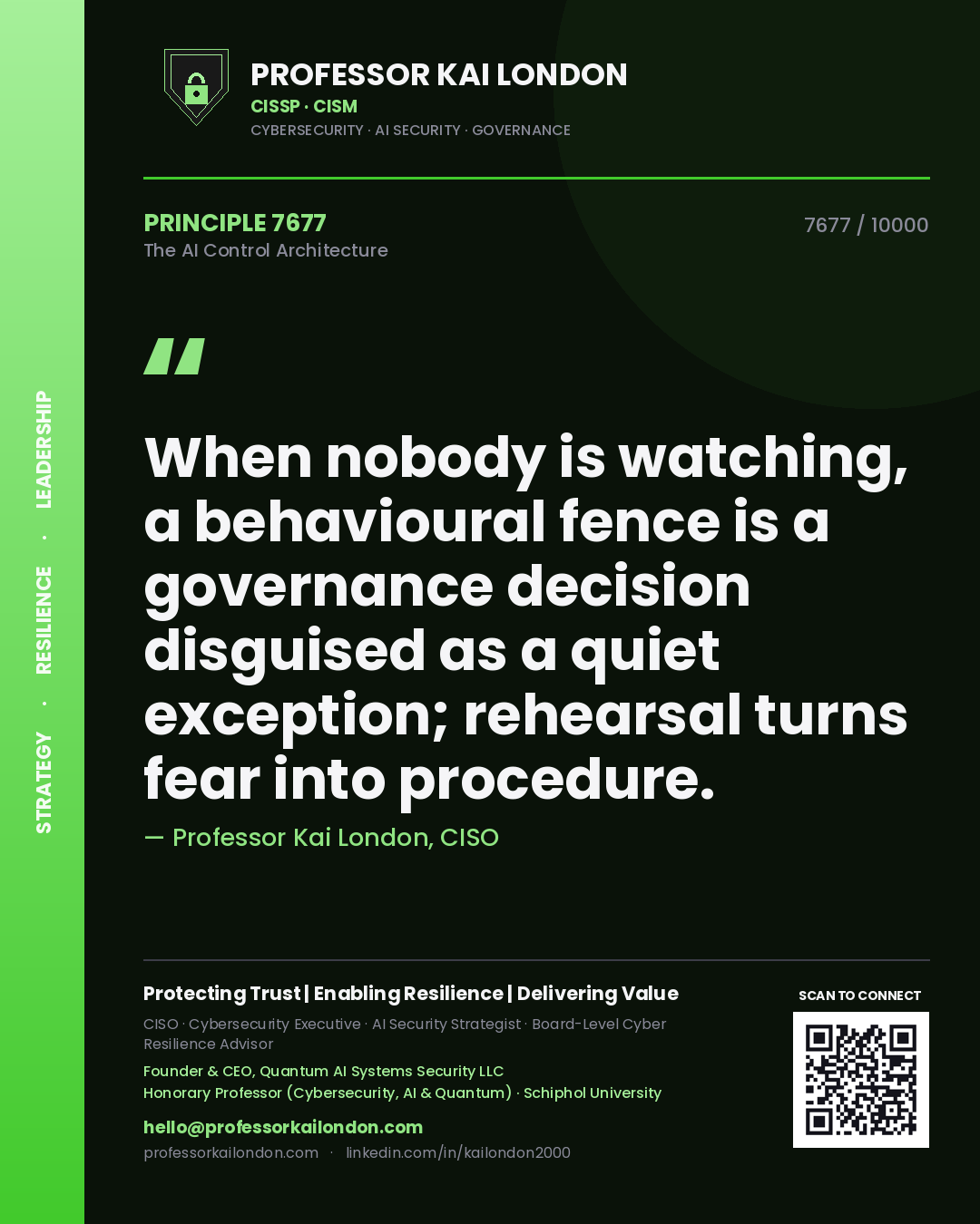 Quote card by Professor Kai London reading 'When nobody is watching, a behavioural fence is a governance decision disguised as a quiet exception; rehearsal turns fear into procedure.'. From the book The AI Control Architecture.