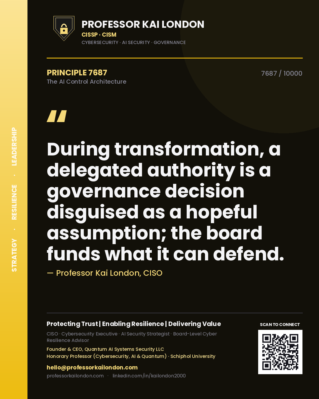 Professor Kai London principle 7687: During transformation, a delegated authority is a governance decision disguised as a hopeful assumption; the board funds what it can defend.