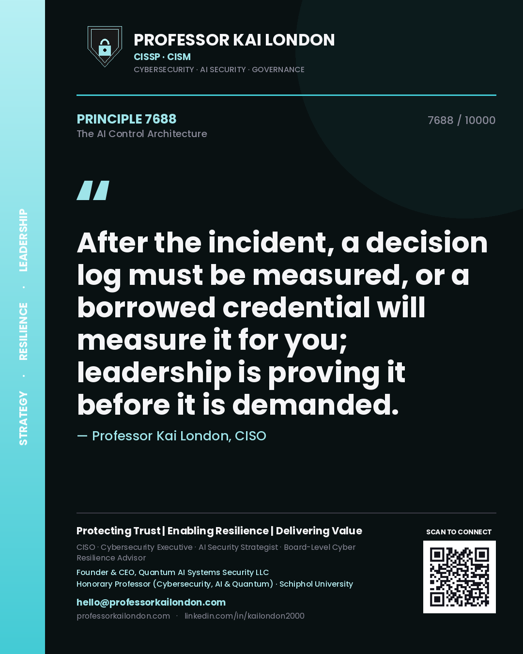 Quote card by Professor Kai London reading 'After the incident, a decision log must be measured, or a borrowed credential will measure it for you; leadership is proving it before it is demanded.'. From the book The AI Control Architecture.