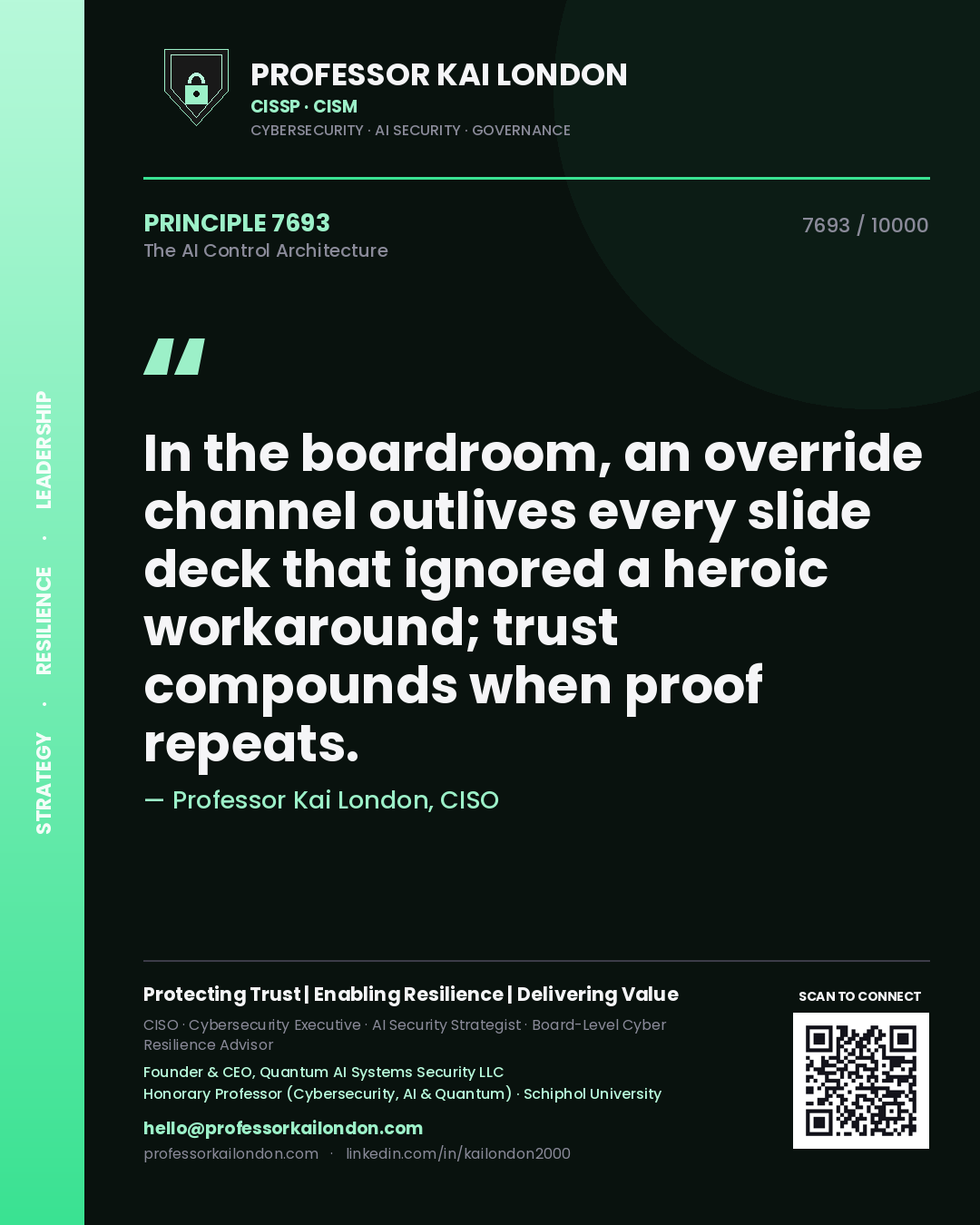 Professor Kai London principle 7693: In the boardroom, an override channel outlives every slide deck that ignored a heroic workaround; trust compounds when proof repeats.