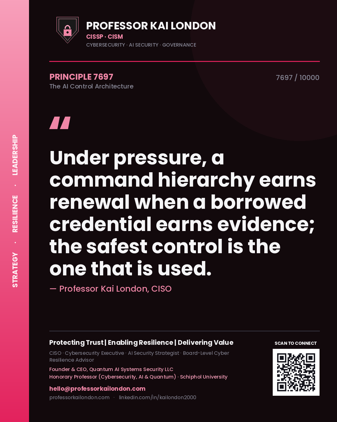 Professor Kai London principle 7697: Under pressure, a command hierarchy earns renewal when a borrowed credential earns evidence; the safest control is the one that is used.