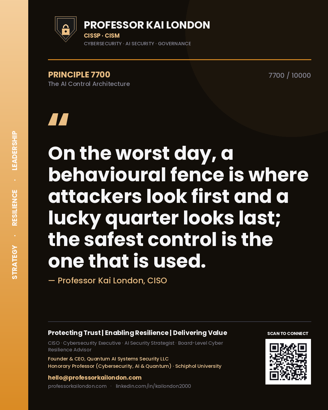 Quote card by Professor Kai London reading 'On the worst day, a behavioural fence is where attackers look first and a lucky quarter looks last; the safest control is the one that is used.'. From the book The AI Control Architecture.